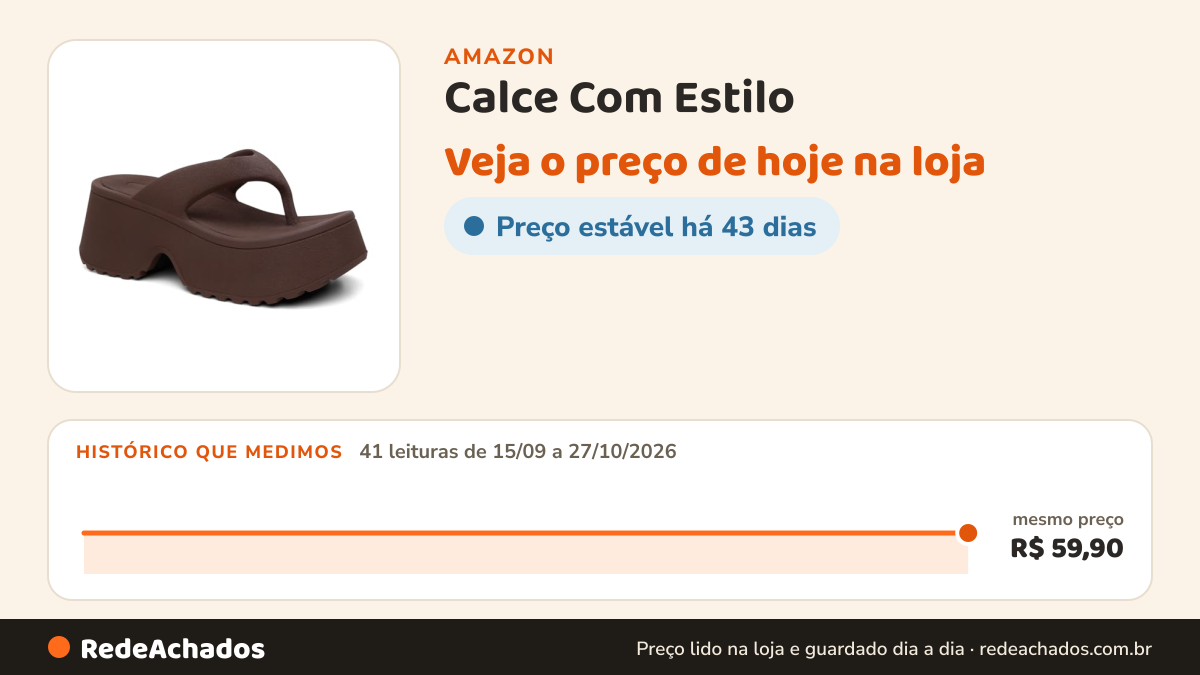 Histórico de preço de Calce Com Estilo na Amazon: 40 leituras de 15/09/2026 a 26/10/2026, mesmo preço, R$ 59,90, em todas; R$ 59,90 conferido em 26/10/2026 às 05h59