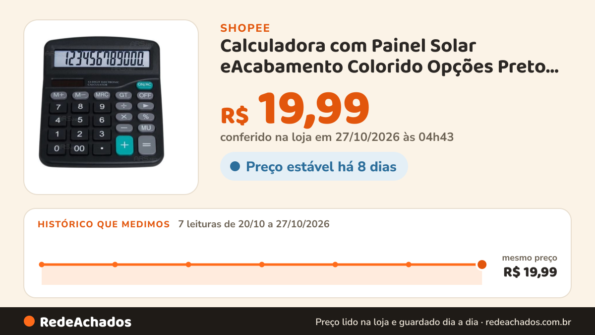 Histórico de preço de Calculadora com Painel Solar eAcabamento Colorido Opções Preto Azul Rosa para Sala de Aula… na Shopee: 7 leituras de 20/10/2026 a 27/10/2026, mesmo preço, R$ 19,99, em todas; R$ 19,99 conferido em 27/10/2026 às 04h43