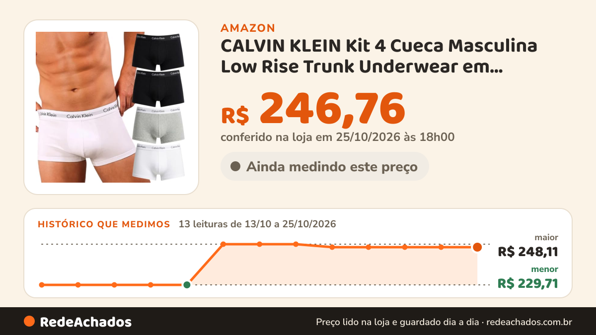 Histórico de preço de CALVIN KLEIN Kit 4 Cueca Masculina Low Rise Trunk Underwear em Algodão com Elastano Cós… na Amazon: 13 leituras de 13/10/2026 a 25/10/2026, menor R$ 229,71, maior R$ 248,11; R$ 246,76 conferido em 25/10/2026 às 18h00