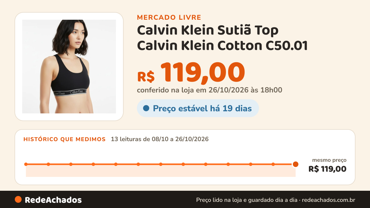 Histórico de preço de Calvin Klein Sutiã Top Calvin Klein Cotton C50.01 no Mercado Livre: 13 leituras de 08/10/2026 a 26/10/2026, mesmo preço, R$ 119,00, em todas; R$ 119,00 conferido em 26/10/2026 às 18h00