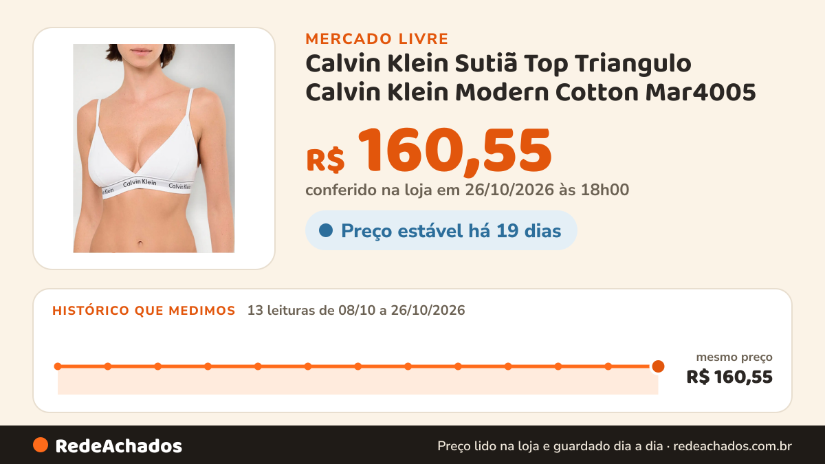 Histórico de preço de Calvin Klein Sutiã Top Triangulo Calvin Klein Modern Cotton Mar4005 no Mercado Livre: 13 leituras de 08/10/2026 a 26/10/2026, mesmo preço, R$ 160,55, em todas; R$ 160,55 conferido em 26/10/2026 às 18h00