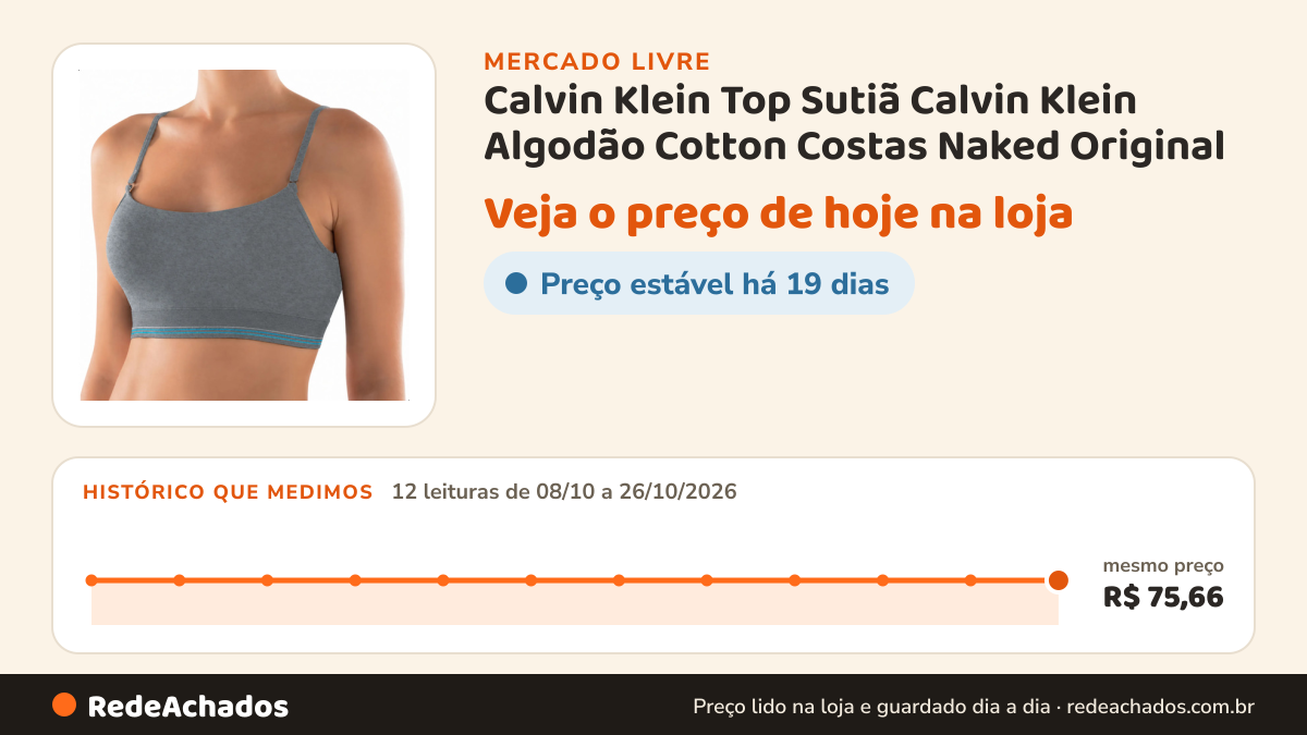 Histórico de preço de Calvin Klein Top Sutiã Calvin Klein Algodão Cotton Costas Naked Original no Mercado Livre: 12 leituras de 08/10/2026 a 26/10/2026, mesmo preço, R$ 75,66, em todas