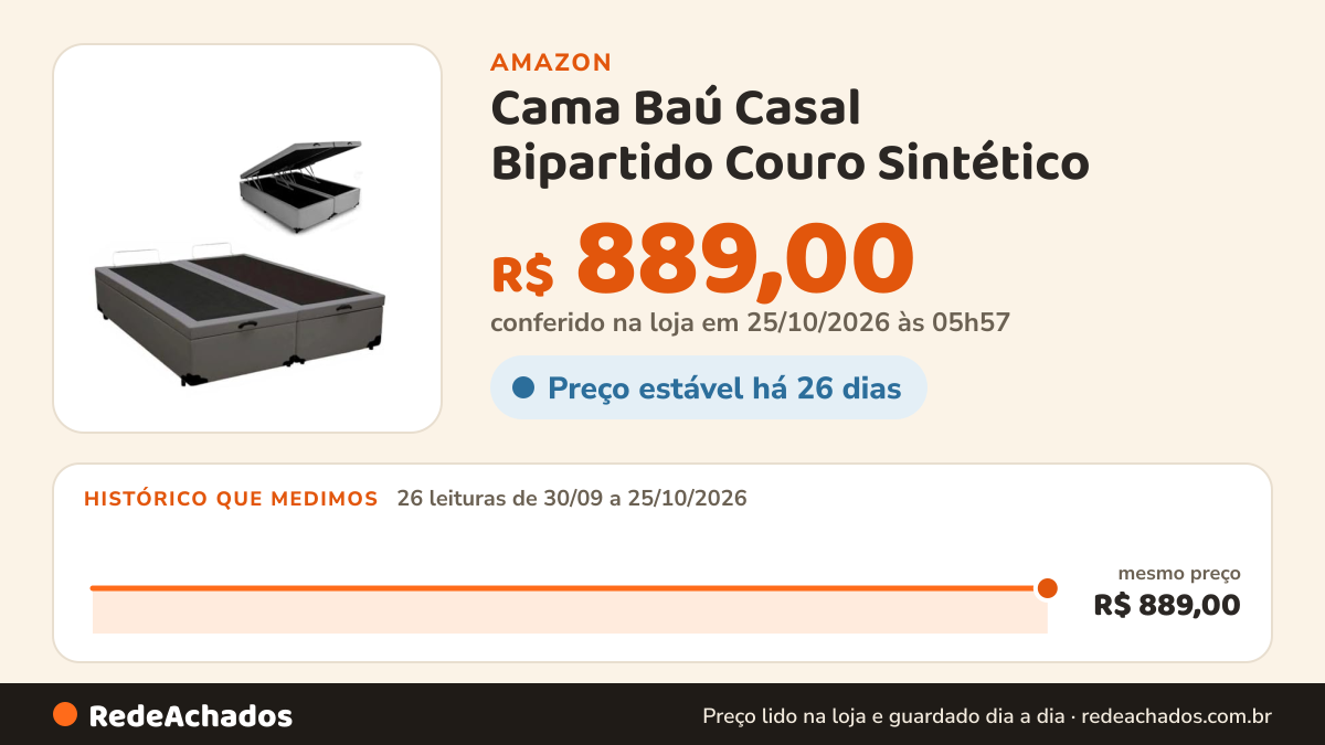Histórico de preço de Cama Baú Casal Bipartido Couro Sintético (Cinza) na Amazon: 26 leituras de 30/09/2026 a 25/10/2026, mesmo preço, R$ 889,00, em todas; R$ 889,00 conferido em 25/10/2026 às 05h57