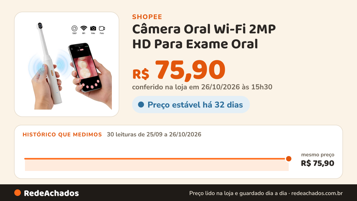 Histórico de preço de Câmera Oral Wi-Fi 2MP HD Para Exame Oral | 8 LEDs, Sem Fio, Android e iOS | Imagem Nítida… na Shopee: 30 leituras de 25/09/2026 a 26/10/2026, mesmo preço, R$ 75,90, em todas; R$ 75,90 conferido em 26/10/2026 às 15h30