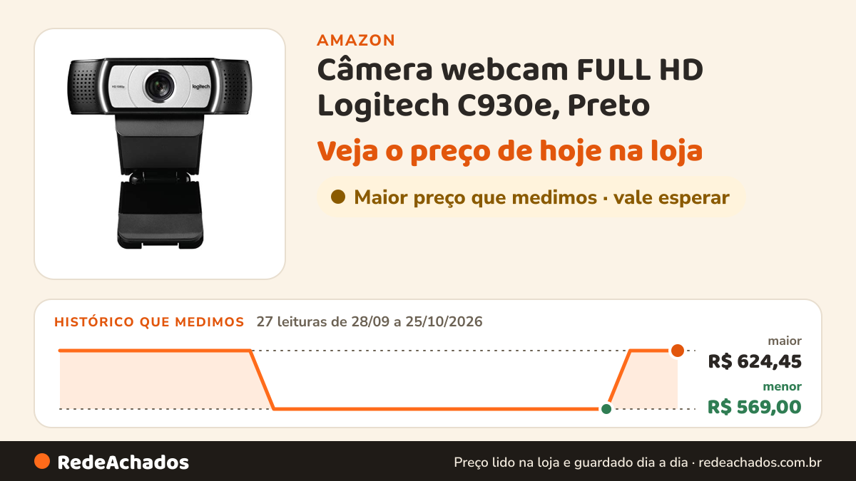 Histórico de preço de Câmera webcam FULL HD Logitech C930e, Preto na Amazon: 27 leituras de 28/09/2026 a 25/10/2026, menor R$ 569,00, maior R$ 624,45; R$ 624,45 conferido em 25/10/2026 às 05h59