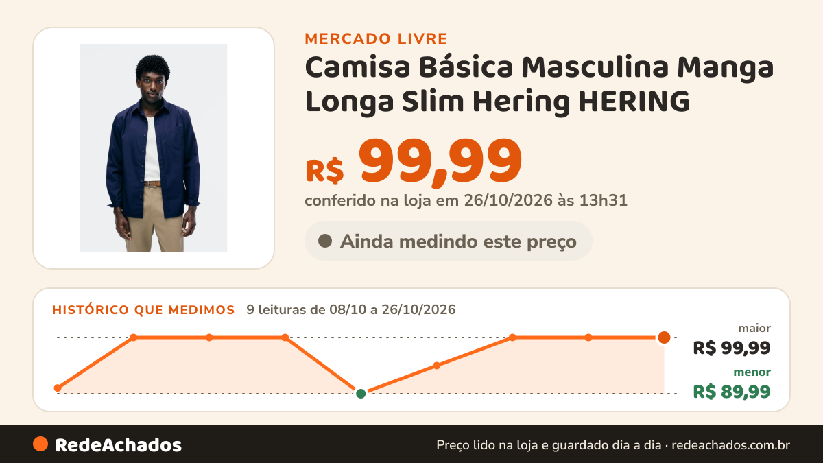 Histórico de preço de Camisa Básica Masculina Manga Longa Slim Hering HERING no Mercado Livre: 9 leituras de 08/10/2026 a 26/10/2026, menor R$ 89,99, maior R$ 99,99; R$ 99,99 conferido em 26/10/2026 às 13h31