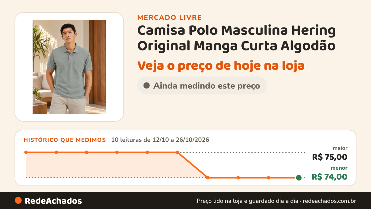 Histórico de preço de Camisa Polo Masculina Hering Original Manga Curta Algodão no Mercado Livre: 10 leituras de 12/10/2026 a 26/10/2026, menor R$ 74,00, maior R$ 75,00