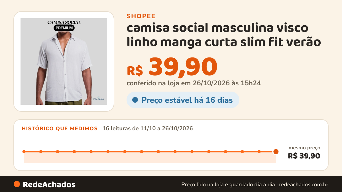 Histórico de preço de camisa social masculina visco linho manga curta slim fit verão na Shopee: 15 leituras de 11/10/2026 a 25/10/2026, mesmo preço, R$ 39,90, em todas; R$ 39,89 conferido em 25/10/2026 às 09h53
