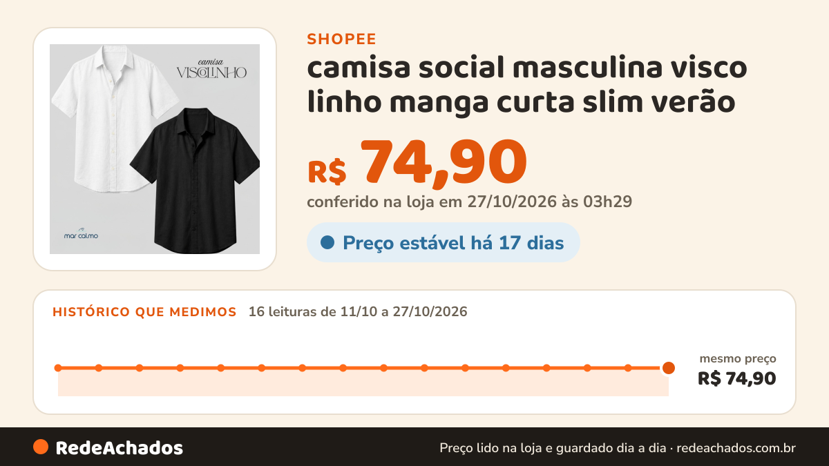 Histórico de preço de camisa social masculina visco linho manga curta slim verão na Shopee: 16 leituras de 11/10/2026 a 27/10/2026, mesmo preço, R$ 74,90, em todas; R$ 74,90 conferido em 27/10/2026 às 03h29
