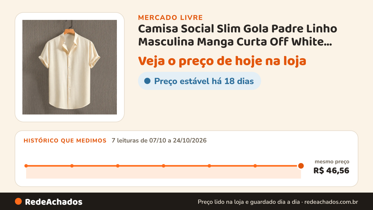 Histórico de preço de Camisa Social Slim Gola Padre Linho Masculina Manga Curta Off White MPor Mult On no Mercado Livre: 7 leituras de 07/10/2026 a 24/10/2026, mesmo preço, R$ 46,56, em todas