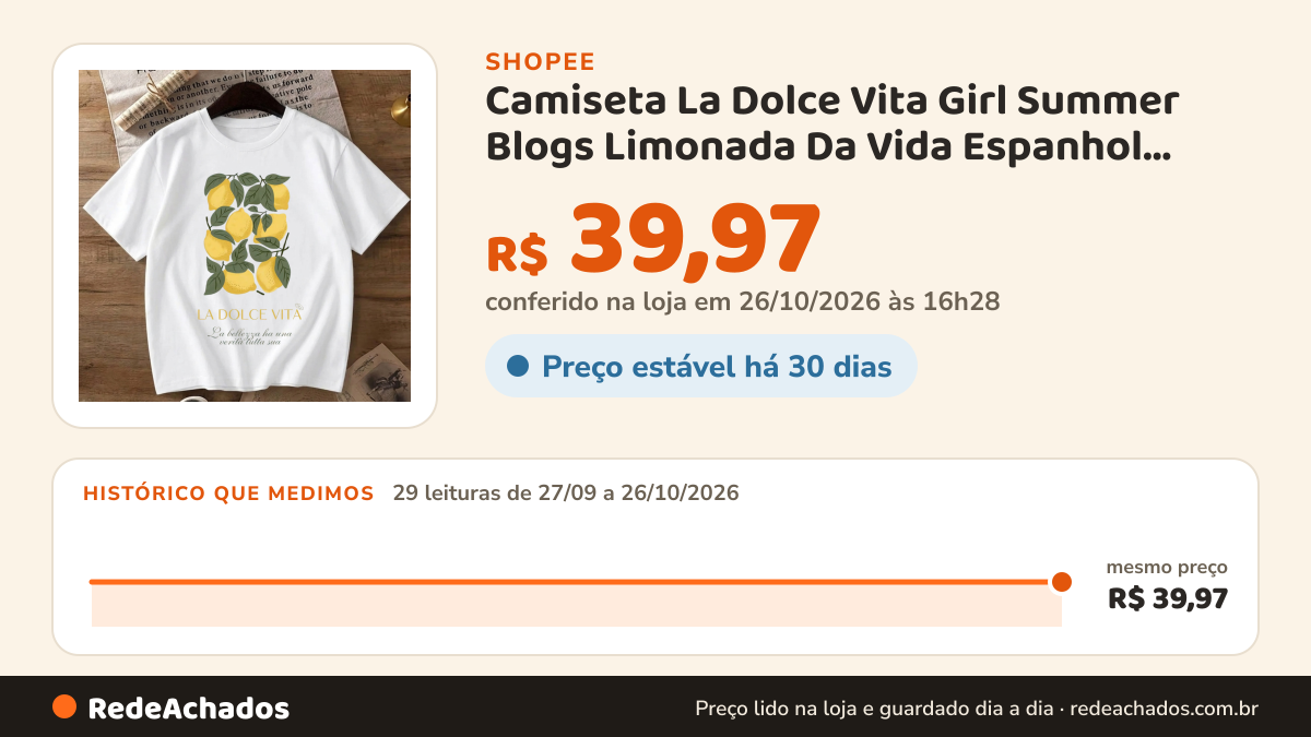 Histórico de preço de Camiseta La Dolce Vita Girl Summer Blogs Limonada Da Vida Espanhol Good Life Frutas… na Shopee: 29 leituras de 27/09/2026 a 26/10/2026, mesmo preço, R$ 39,97, em todas; R$ 39,97 conferido em 26/10/2026 às 16h28