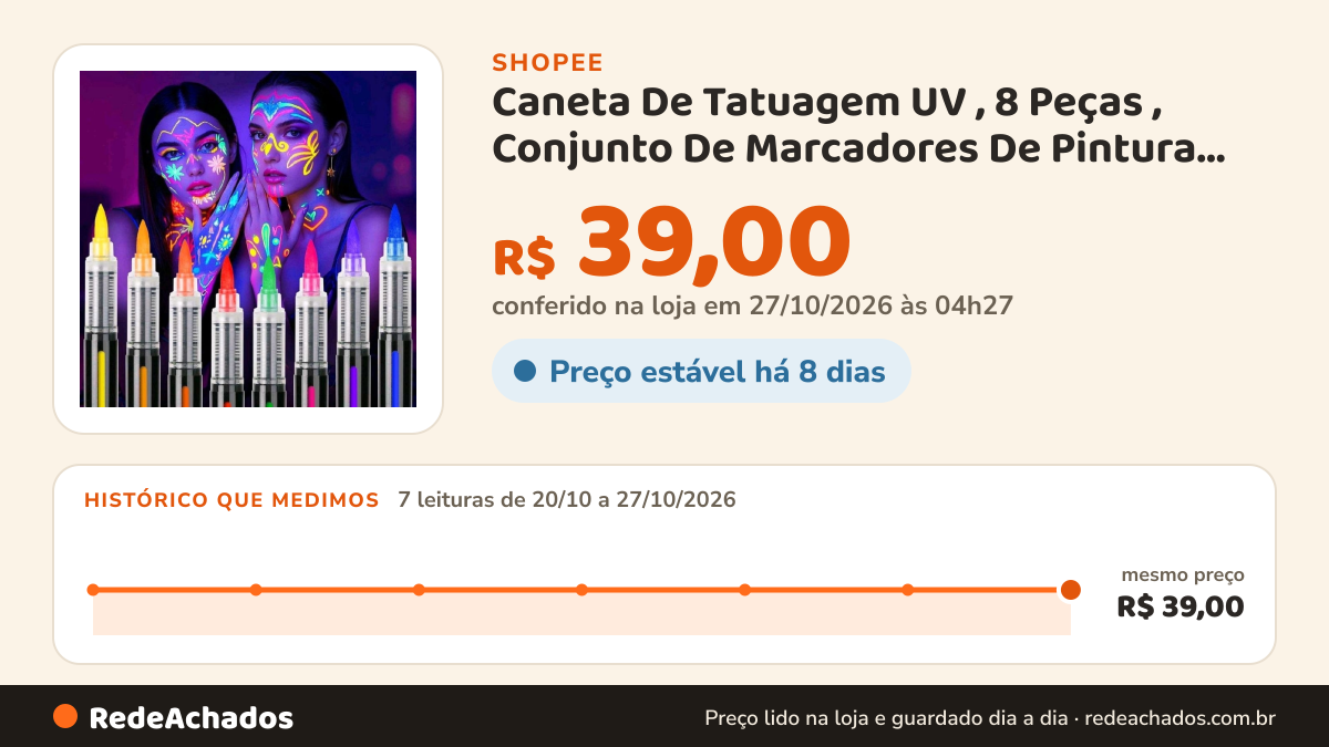 Histórico de preço de Caneta De Tatuagem UV , 8 Peças , Conjunto De Marcadores De Pintura Corporal , Luminosa… na Shopee: 7 leituras de 20/10/2026 a 27/10/2026, mesmo preço, R$ 39,00, em todas; R$ 39,00 conferido em 27/10/2026 às 04h27