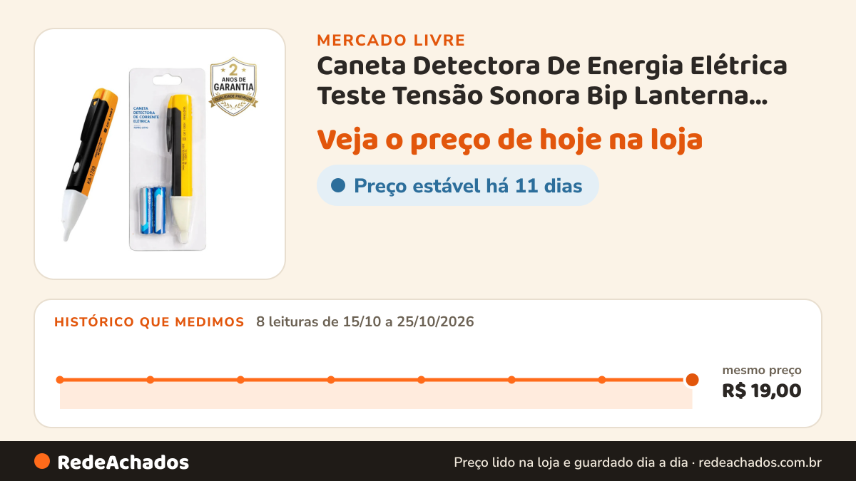 Histórico de preço de Caneta Detectora De Energia Elétrica Teste Tensão Sonora Bip Lanterna Led Luz fios tomadas… no Mercado Livre: 8 leituras de 15/10/2026 a 25/10/2026, mesmo preço, R$ 19,00, em todas