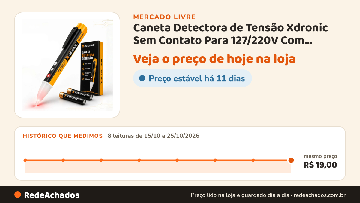 Histórico de preço de Caneta Detectora de Tensão Xdronic Sem Contato Para 127/220V Com Lanterna e Bip no Mercado Livre: 8 leituras de 15/10/2026 a 25/10/2026, mesmo preço, R$ 19,00, em todas