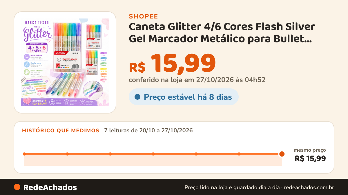 Histórico de preço de Caneta Glitter 4/6 Cores Flash Silver Gel Marcador Metálico para Bullet Journal Agenda… na Shopee: 7 leituras de 20/10/2026 a 27/10/2026, mesmo preço, R$ 15,99, em todas; R$ 15,99 conferido em 27/10/2026 às 04h52
