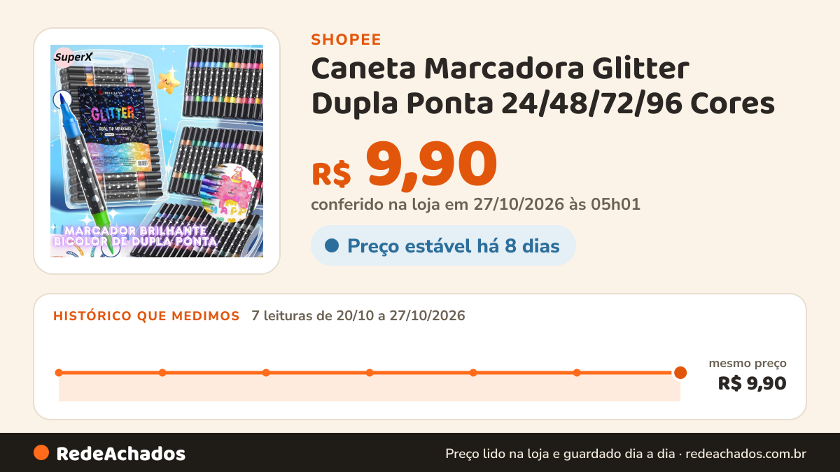 Histórico de preço de Caneta Marcadora Glitter Dupla Ponta 24/48/72/96 Cores | Arte, Escola, Planner, Desenho na Shopee: 7 leituras de 20/10/2026 a 27/10/2026, mesmo preço, R$ 9,90, em todas; R$ 9,90 conferido em 27/10/2026 às 05h01
