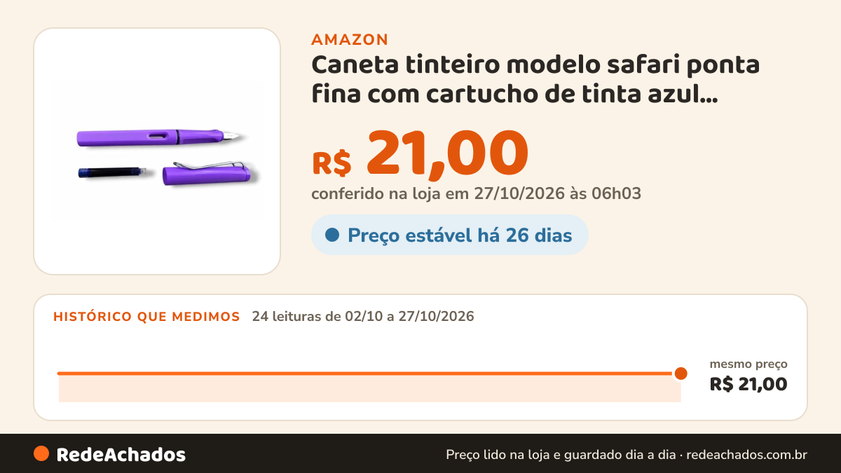 Histórico de preço de Caneta tinteiro modelo safari ponta fina com cartucho de tinta azul, compatível com lamy… na Amazon: 24 leituras de 02/10/2026 a 27/10/2026, mesmo preço, R$ 21,00, em todas; R$ 21,00 conferido em 27/10/2026 às 06h03