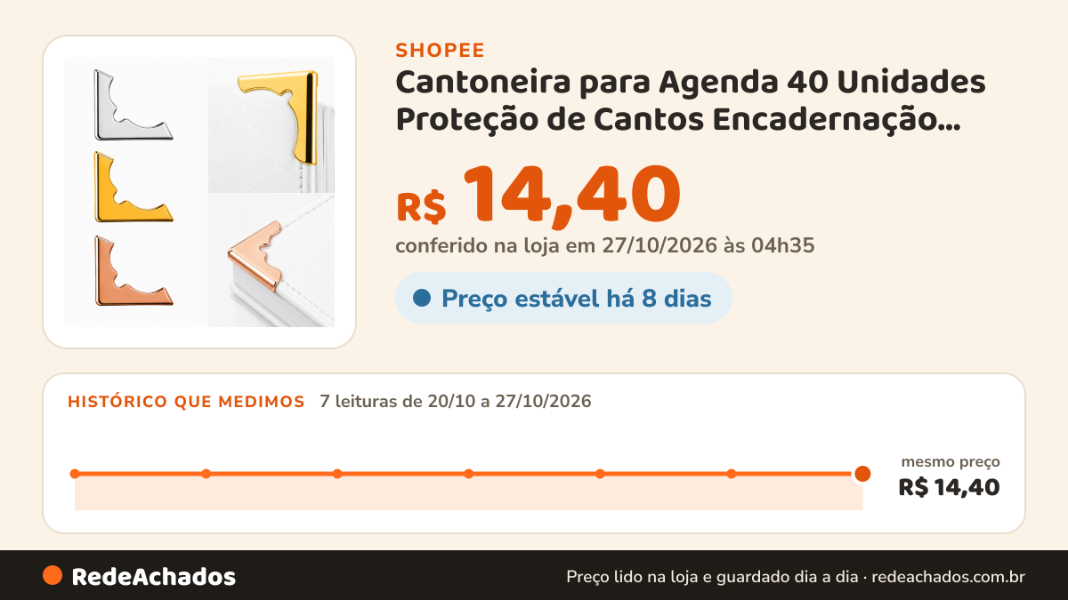 Histórico de preço de Cantoneira para Agenda 40 Unidades Proteção de Cantos Encadernação Artesanato Scrapbook na Shopee: 7 leituras de 20/10/2026 a 27/10/2026, mesmo preço, R$ 14,40, em todas; R$ 14,40 conferido em 27/10/2026 às 04h35