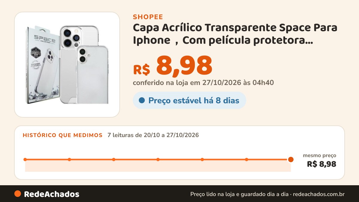 Histórico de preço de Capa Acrílico Transparente Space Para Iphone,Com película protetora interna e externa na Shopee: 7 leituras de 20/10/2026 a 27/10/2026, mesmo preço, R$ 8,98, em todas; R$ 8,98 conferido em 27/10/2026 às 04h40