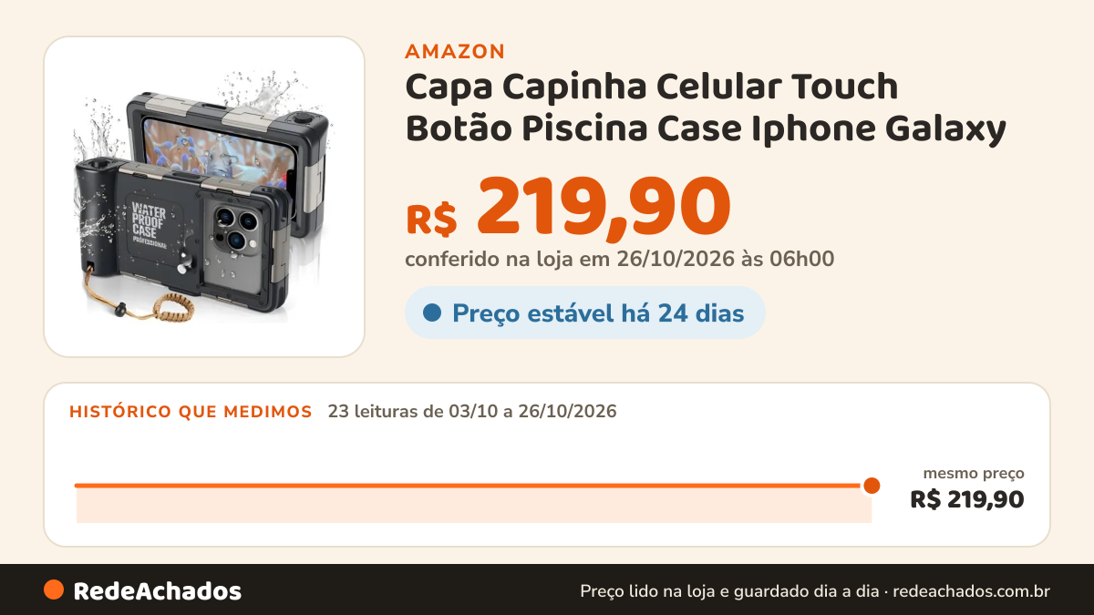 Histórico de preço de Capa Capinha Celular Touch Botão Piscina Case Iphone Galaxy na Amazon: 23 leituras de 03/10/2026 a 26/10/2026, mesmo preço, R$ 219,90, em todas; R$ 219,90 conferido em 26/10/2026 às 06h00