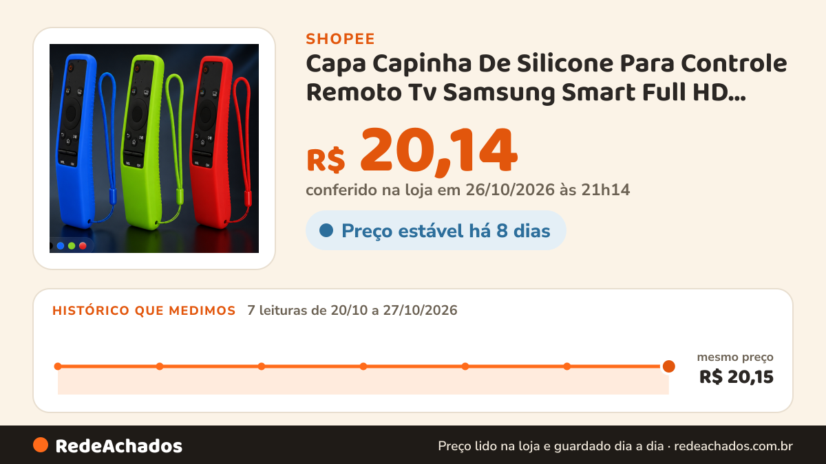 Histórico de preço de Capa Capinha De Silicone Para Controle Remoto Tv Samsung Smart Full HD flexivel contra… na Shopee: 7 leituras de 20/10/2026 a 27/10/2026, mesmo preço, R$ 20,15, em todas; R$ 20,14 conferido em 26/10/2026 às 21h14