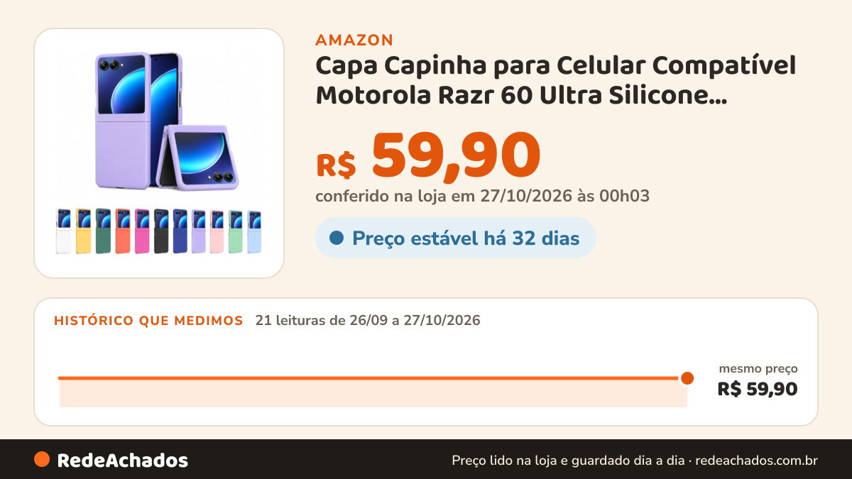 Histórico de preço de Capa Capinha para Celular Compatível Motorola Razr 60 Ultra Silicone Aveludada Premium… na Amazon: 21 leituras de 26/09/2026 a 27/10/2026, mesmo preço, R$ 59,90, em todas; R$ 59,90 conferido em 27/10/2026 às 00h03