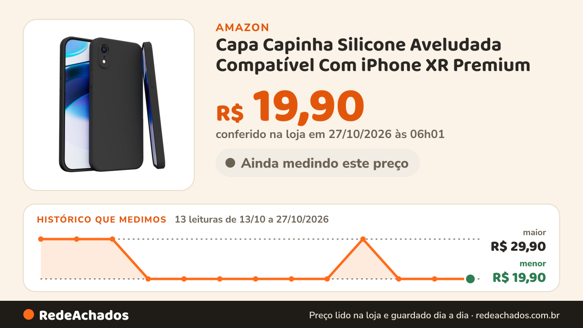 Histórico de preço de Capa Capinha Silicone Aveludada Compatível Com iPhone XR Premium (PRETO) na Amazon: 12 leituras de 13/10/2026 a 25/10/2026, menor R$ 19,90, maior R$ 29,90