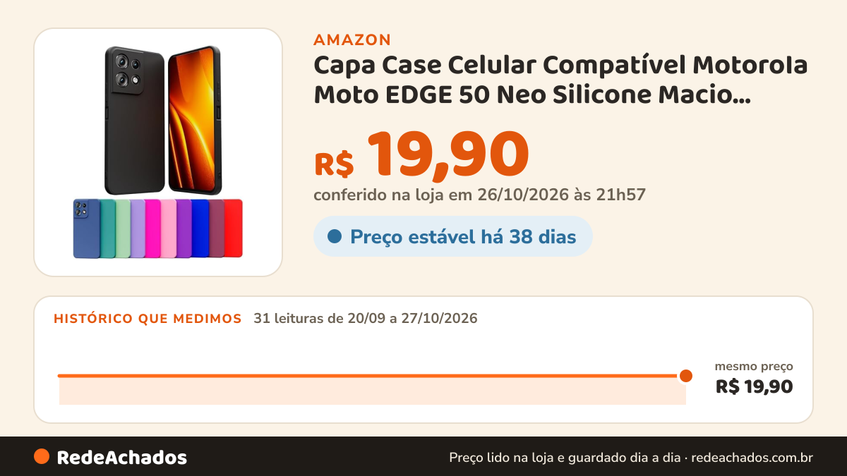 Histórico de preço de Capa Case Celular Compatível MotoroIa Moto EDGE 50 Neo Silicone Macio Interior Veludo… na Amazon: 31 leituras de 20/09/2026 a 27/10/2026, mesmo preço, R$ 19,90, em todas; R$ 19,90 conferido em 26/10/2026 às 21h57