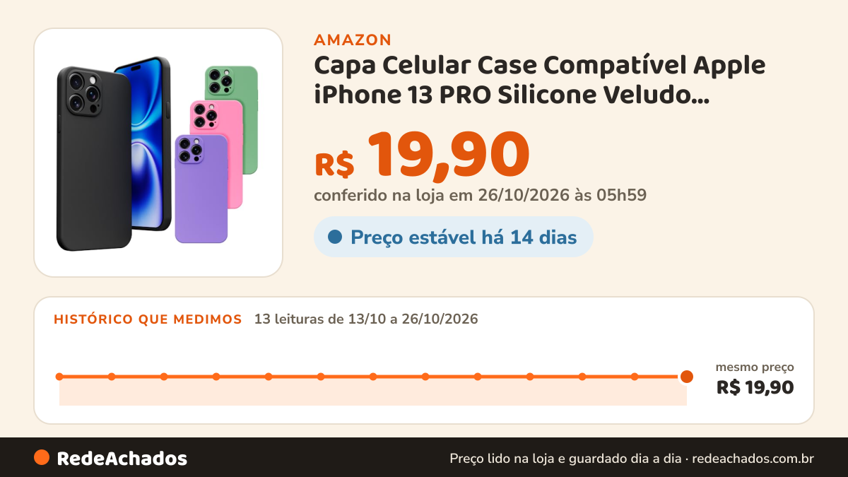Histórico de preço de Capa Celular Case Compatível Apple iPhone 13 PRO Silicone Veludo Premium [2ASHOP] (PRETO) na Amazon: 13 leituras de 13/10/2026 a 26/10/2026, mesmo preço, R$ 19,90, em todas; R$ 19,90 conferido em 26/10/2026 às 05h59