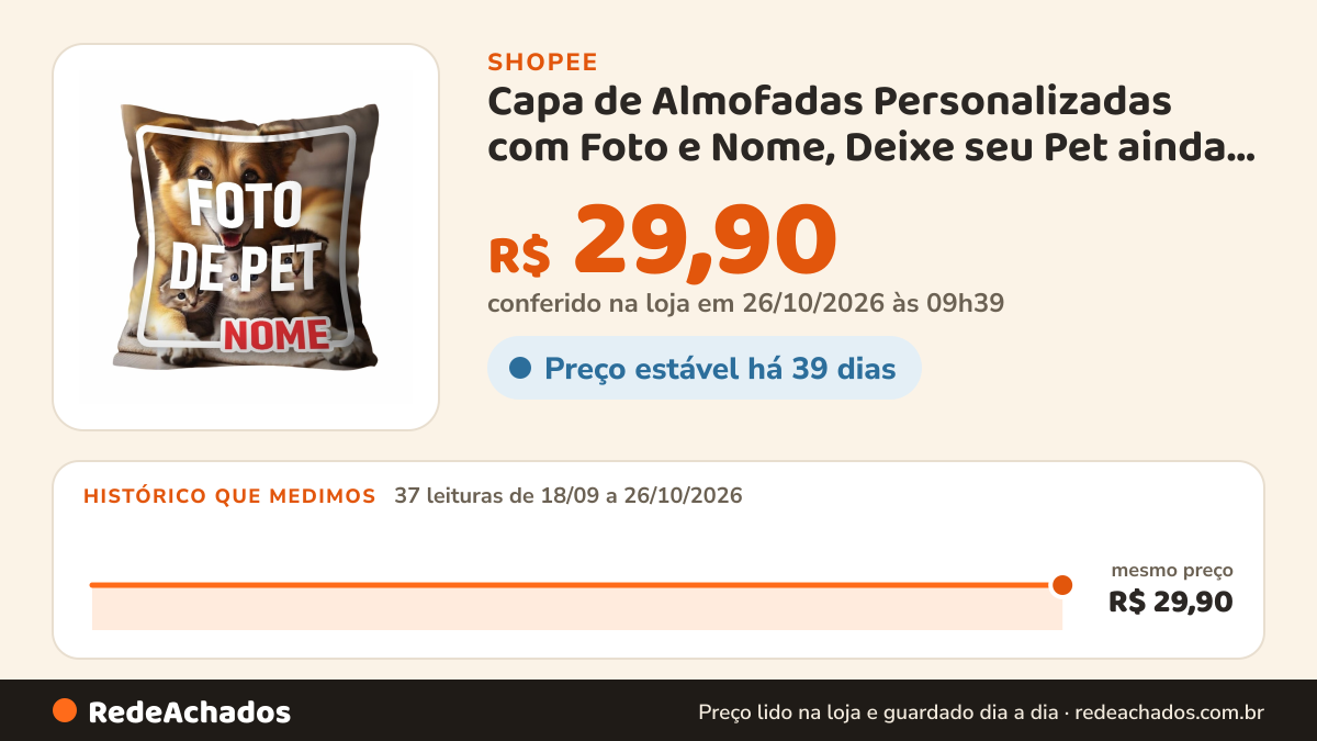 Histórico de preço de Capa de Almofadas Personalizadas com Foto e Nome, Deixe seu Pet ainda mais… na Shopee: 37 leituras de 18/09/2026 a 26/10/2026, mesmo preço, R$ 29,90, em todas; R$ 29,90 conferido em 26/10/2026 às 09h39