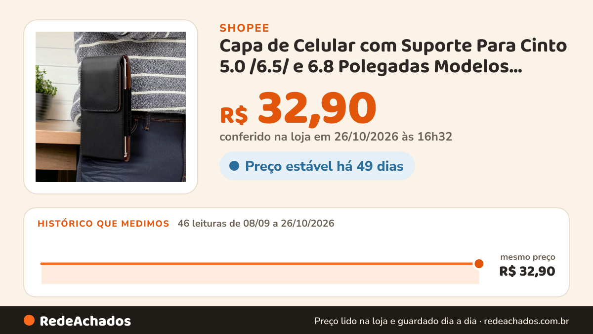 Histórico de preço de Capa de Celular com Suporte Para Cinto 5.0 /6.5/ e 6.8 Polegadas Modelos Variados Suporte… na Shopee: 46 leituras de 08/09/2026 a 26/10/2026, mesmo preço, R$ 32,90, em todas; R$ 32,90 conferido em 26/10/2026 às 16h32