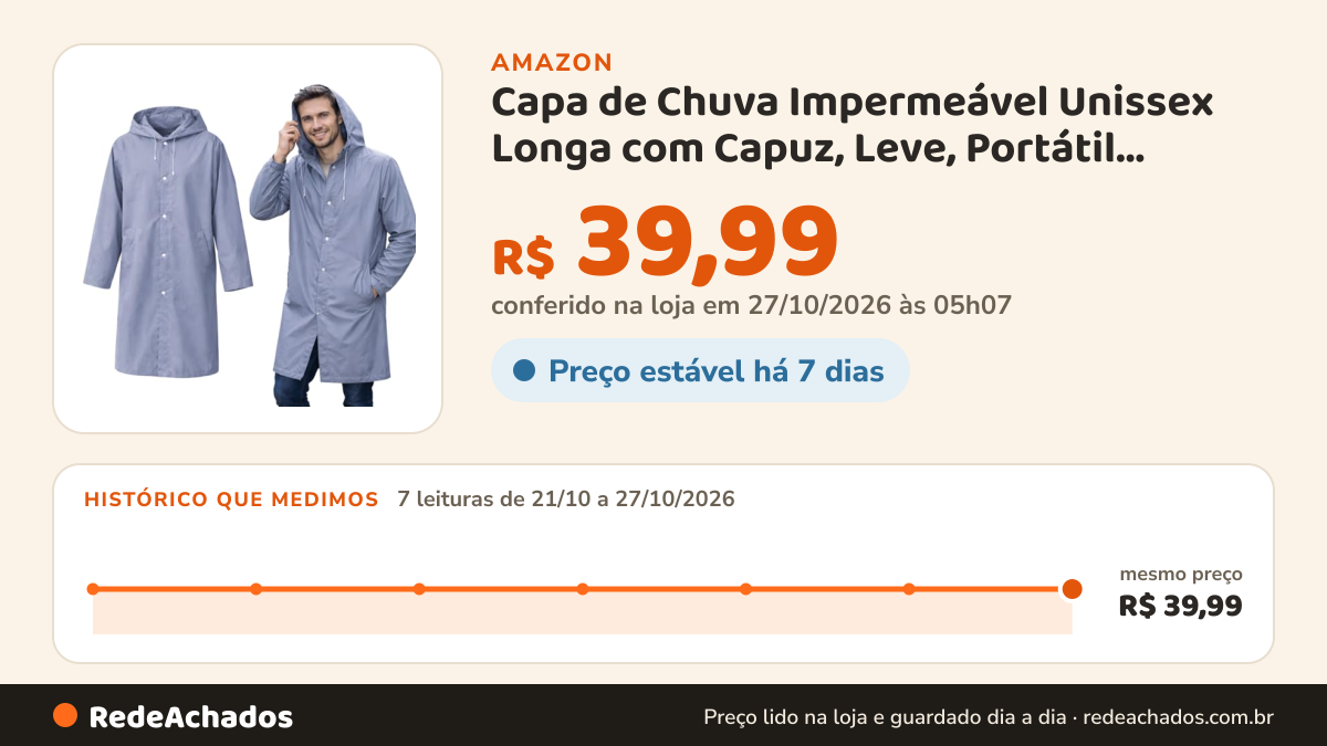 Histórico de preço de Capa de Chuva Impermeável Unissex Longa com Capuz, Leve, Portátil, Reutilizável, Proteção… na Amazon: 7 leituras de 21/10/2026 a 27/10/2026, mesmo preço, R$ 39,99, em todas; R$ 39,99 conferido em 27/10/2026 às 05h07