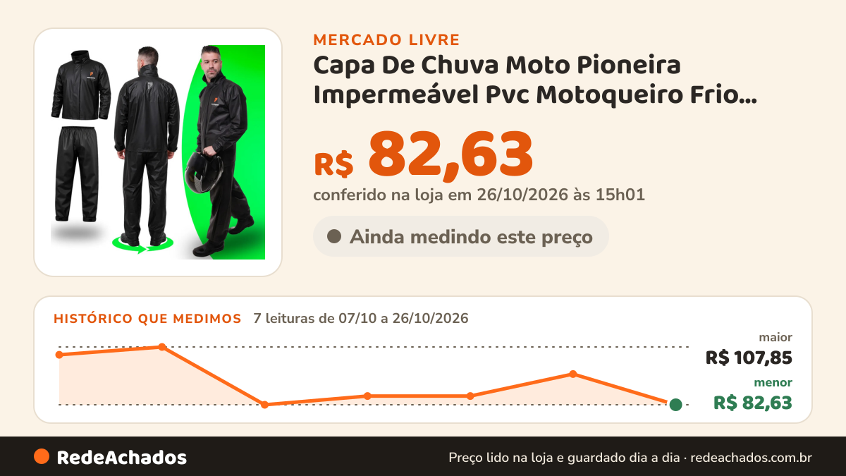 Histórico de preço de Capa De Chuva Moto Pioneira Impermeável Pvc Motoqueiro Frio Preto Com Laranja Masculino… no Mercado Livre: 7 leituras de 07/10/2026 a 26/10/2026, menor R$ 82,63, maior R$ 107,85; R$ 82,63 conferido em 26/10/2026 às 15h01