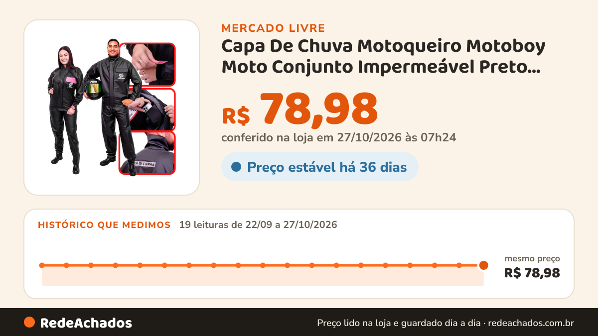 Histórico de preço de Capa De Chuva Motoqueiro Motoboy Moto Conjunto Impermeável Preto Capa-g no Mercado Livre: 19 leituras de 22/09/2026 a 27/10/2026, mesmo preço, R$ 78,98, em todas; R$ 78,98 conferido em 27/10/2026 às 07h24