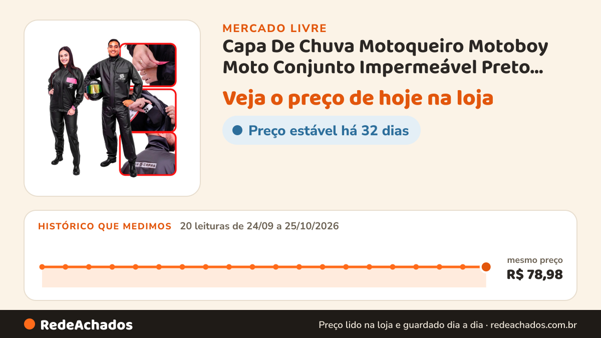 Histórico de preço de Capa De Chuva Motoqueiro Motoboy Moto Conjunto Impermeável Preto Capa-m no Mercado Livre: 20 leituras de 24/09/2026 a 25/10/2026, mesmo preço, R$ 78,98, em todas