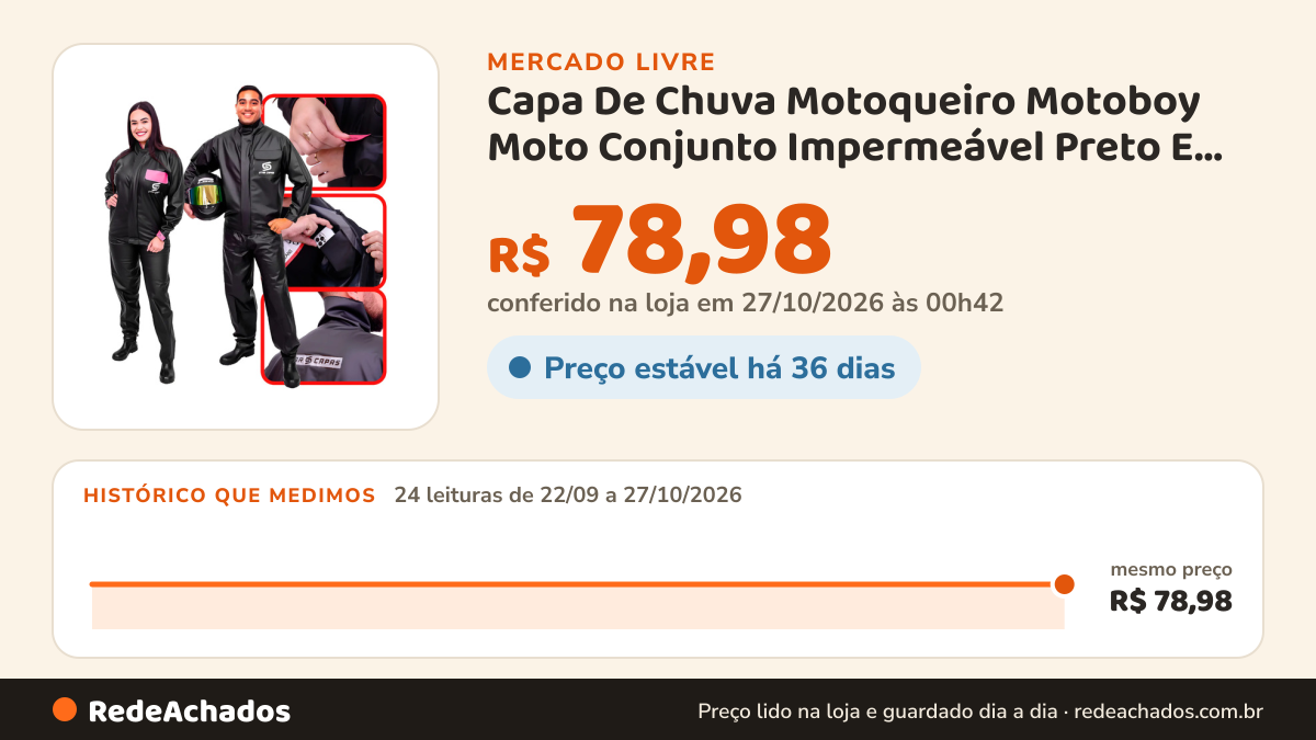 Histórico de preço de Capa De Chuva Motoqueiro Motoboy Moto Conjunto Impermeável Preto E Rosa M - Feminino no Mercado Livre: 24 leituras de 22/09/2026 a 27/10/2026, mesmo preço, R$ 78,98, em todas; R$ 78,98 conferido em 27/10/2026 às 00h42