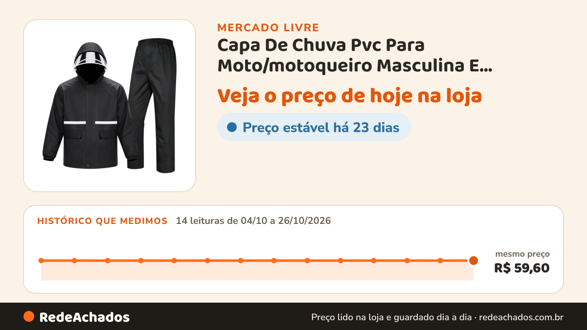 Histórico de preço de Capa De Chuva Pvc Para Moto/motoqueiro Masculina E Feminina no Mercado Livre: 14 leituras de 04/10/2026 a 26/10/2026, mesmo preço, R$ 59,60, em todas