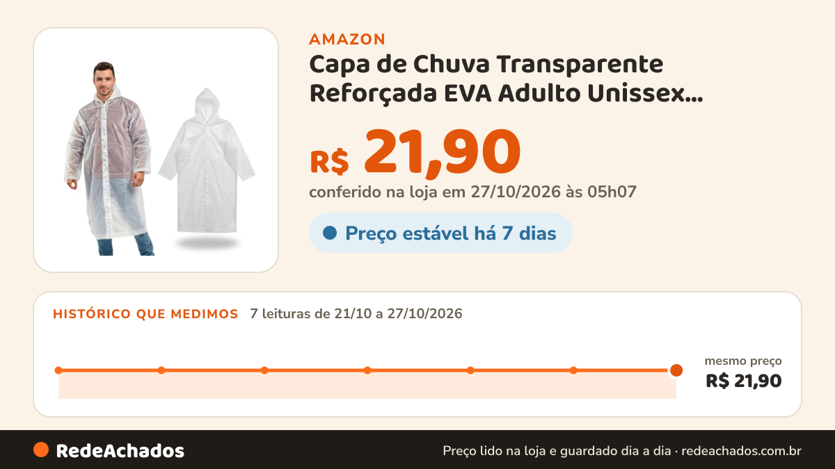 Histórico de preço de Capa de Chuva Transparente Reforçada EVA Adulto Unissex, Impermeável, Leve, Durável… na Amazon: 7 leituras de 21/10/2026 a 27/10/2026, mesmo preço, R$ 21,90, em todas; R$ 21,90 conferido em 27/10/2026 às 05h07