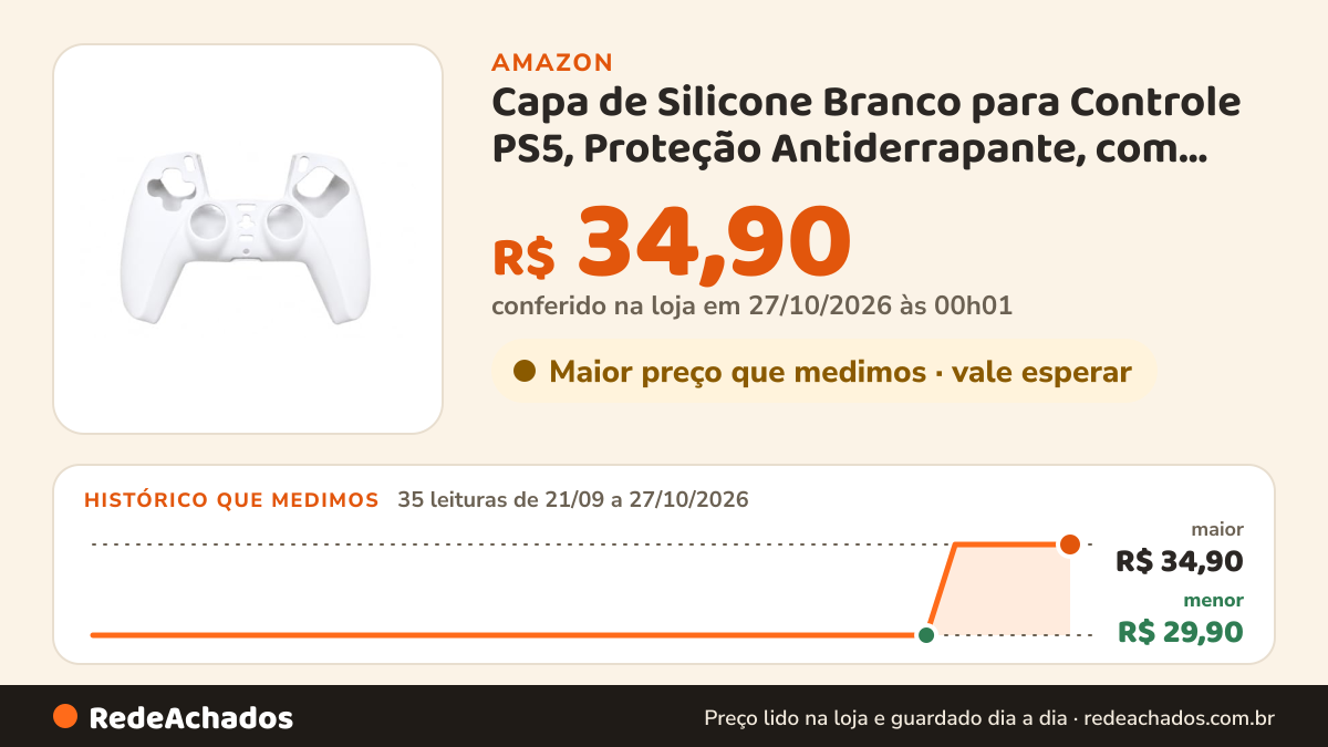 Histórico de preço de Capa de Silicone Branco para Controle PS5, Proteção Antiderrapante, com Grips para… na Amazon: 35 leituras de 21/09/2026 a 27/10/2026, menor R$ 29,90, maior R$ 34,90; R$ 34,90 conferido em 27/10/2026 às 00h01