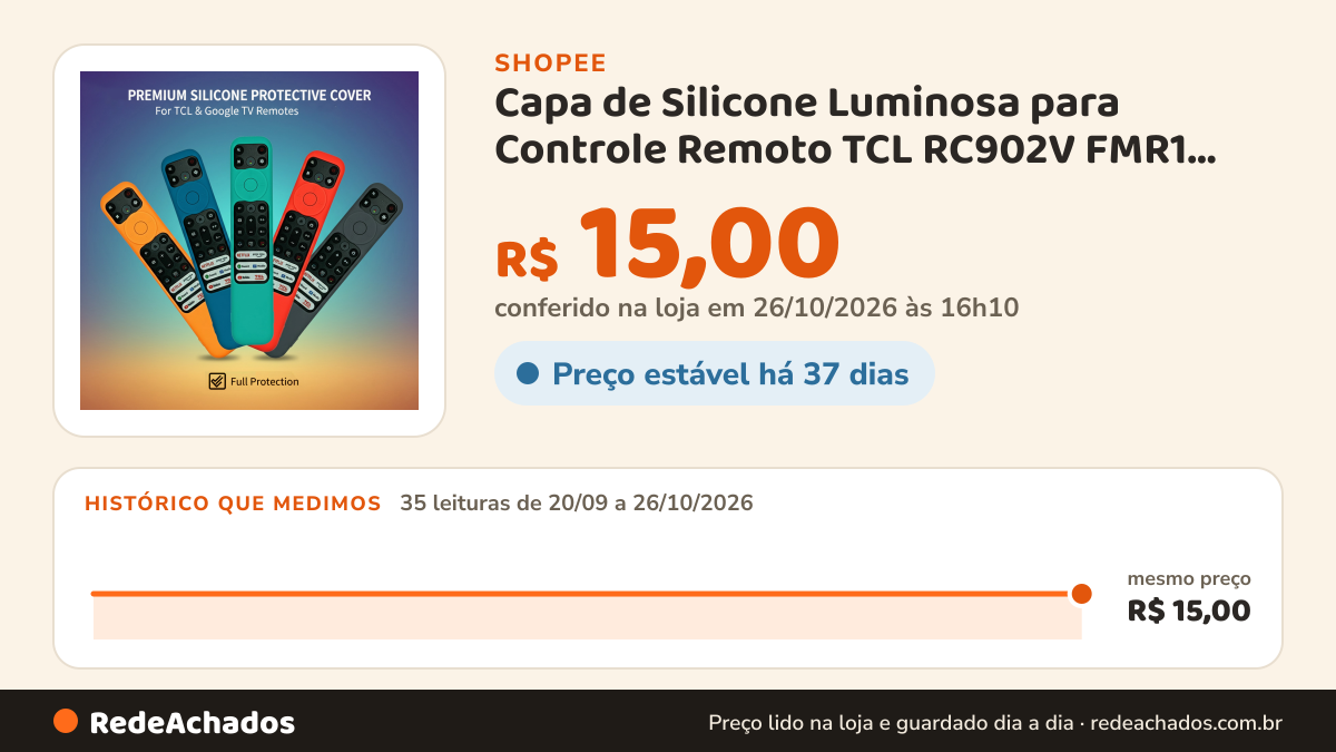 Histórico de preço de Capa de Silicone Luminosa para Controle Remoto TCL RC902V FMR1 com Voz, Capa Protetora… na Shopee: 34 leituras de 20/09/2026 a 25/10/2026, mesmo preço, R$ 15,00, em todas; R$ 15,00 conferido em 25/10/2026 às 11h10