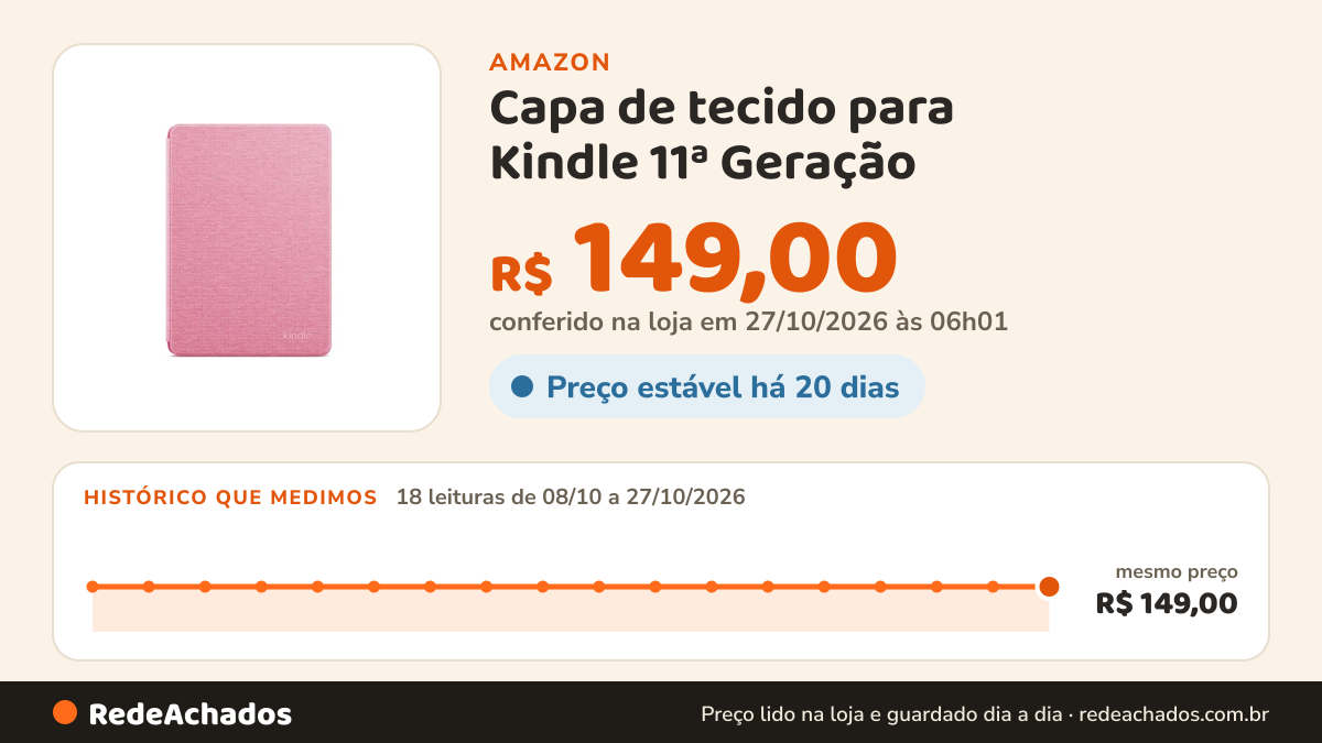 Histórico de preço de Capa de tecido para Kindle 11ª Geração (2022 e 2024) - Cor Rosa (não compatível com o… na Amazon: 18 leituras de 08/10/2026 a 27/10/2026, mesmo preço, R$ 149,00, em todas; R$ 149,00 conferido em 27/10/2026 às 06h01