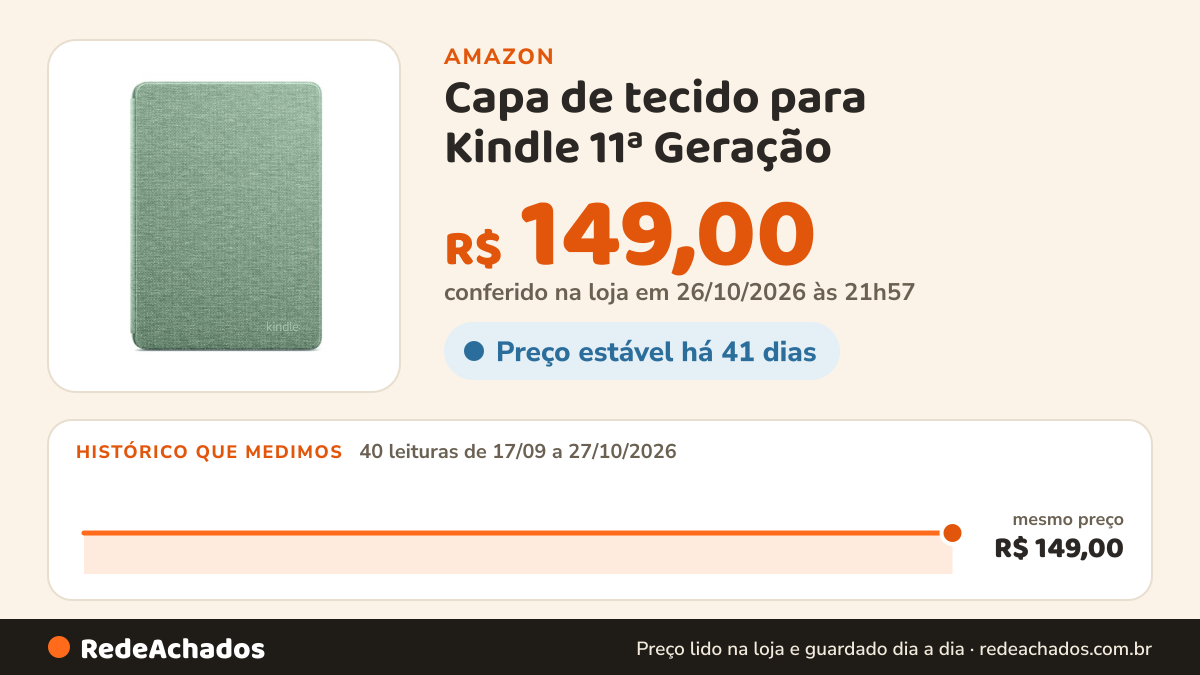 Histórico de preço de Capa de tecido para Kindle 11ª Geração (2022 e 2024) - Cor Verde Matchá (não compatível… na Amazon: 40 leituras de 17/09/2026 a 27/10/2026, mesmo preço, R$ 149,00, em todas; R$ 149,00 conferido em 26/10/2026 às 21h57