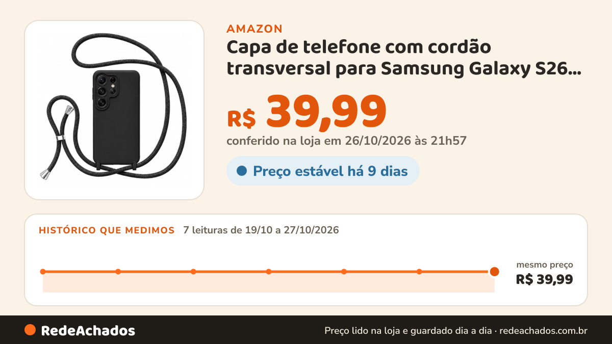 Histórico de preço de Capa de telefone com cordão transversal para Samsung Galaxy S26 ULTRA 5G, capa de telefone… na Amazon: 7 leituras de 19/10/2026 a 27/10/2026, mesmo preço, R$ 39,99, em todas; R$ 39,99 conferido em 26/10/2026 às 21h57