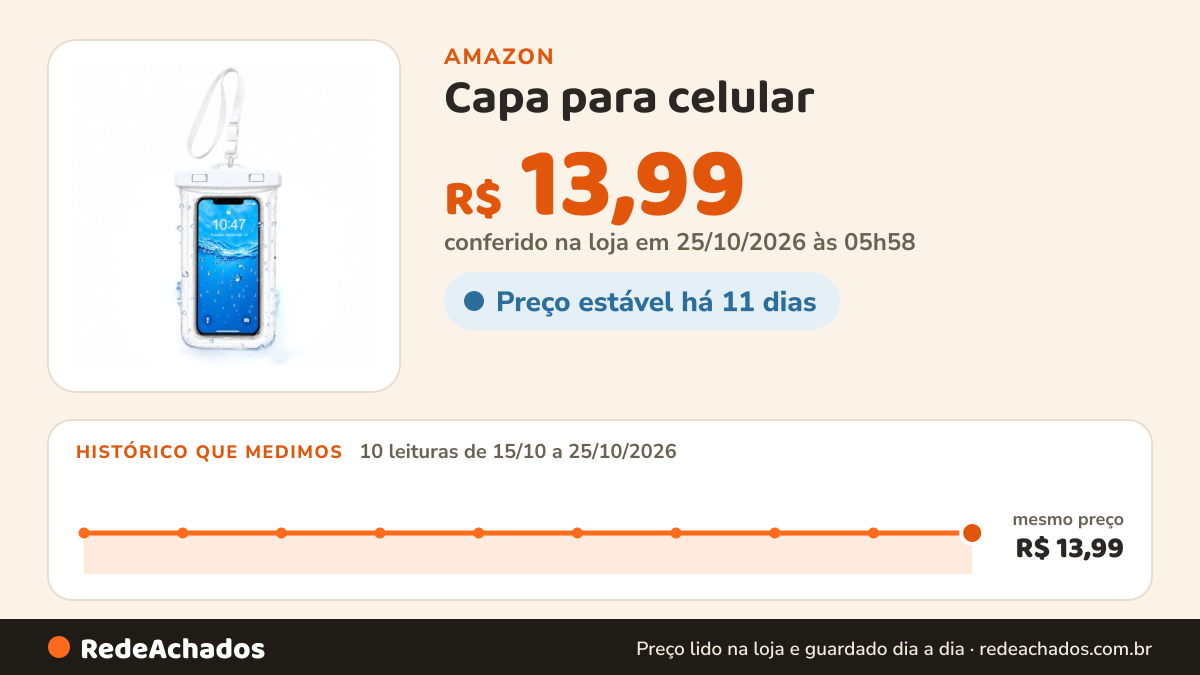 Histórico de preço de Capa para celular (branco) | Plástico na Amazon: 10 leituras de 15/10/2026 a 25/10/2026, mesmo preço, R$ 13,99, em todas; R$ 13,99 conferido em 25/10/2026 às 05h58