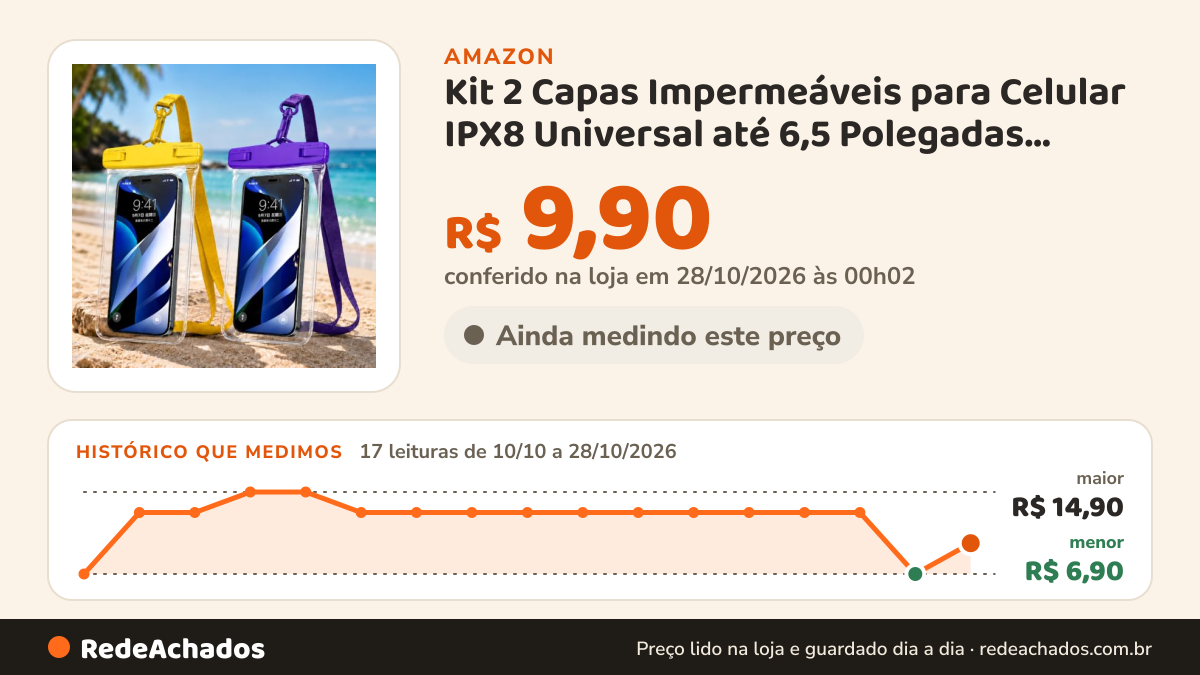 Histórico de preço de Kit 2 Capas Impermeáveis para Celular IPX8 Universal até 6,5 Polegadas, Bolsa à Prova… na Amazon: 15 leituras de 10/10/2026 a 25/10/2026, menor R$ 6,90, maior R$ 14,90; R$ 12,90 conferido em 25/10/2026 às 05h58