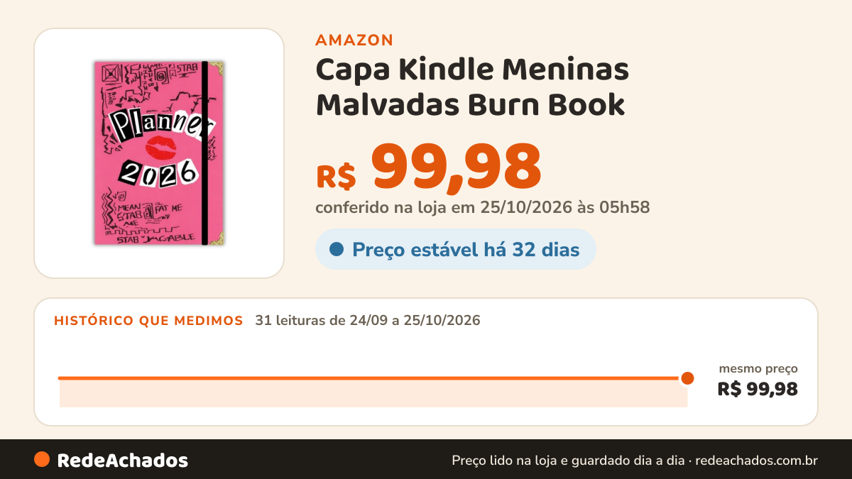 Histórico de preço de Capa Kindle Meninas Malvadas Burn Book (Livro do Arraso) (Colorsoft) na Amazon: 31 leituras de 24/09/2026 a 25/10/2026, mesmo preço, R$ 99,98, em todas; R$ 99,98 conferido em 25/10/2026 às 05h58
