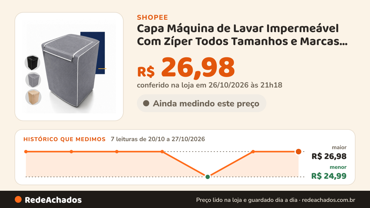 Histórico de preço de Capa Máquina de Lavar Impermeável Com Zíper Todos Tamanhos e Marcas Electrolux Brastemp… na Shopee: 7 leituras de 20/10/2026 a 27/10/2026, menor R$ 24,99, maior R$ 26,98; R$ 26,98 conferido em 26/10/2026 às 21h18