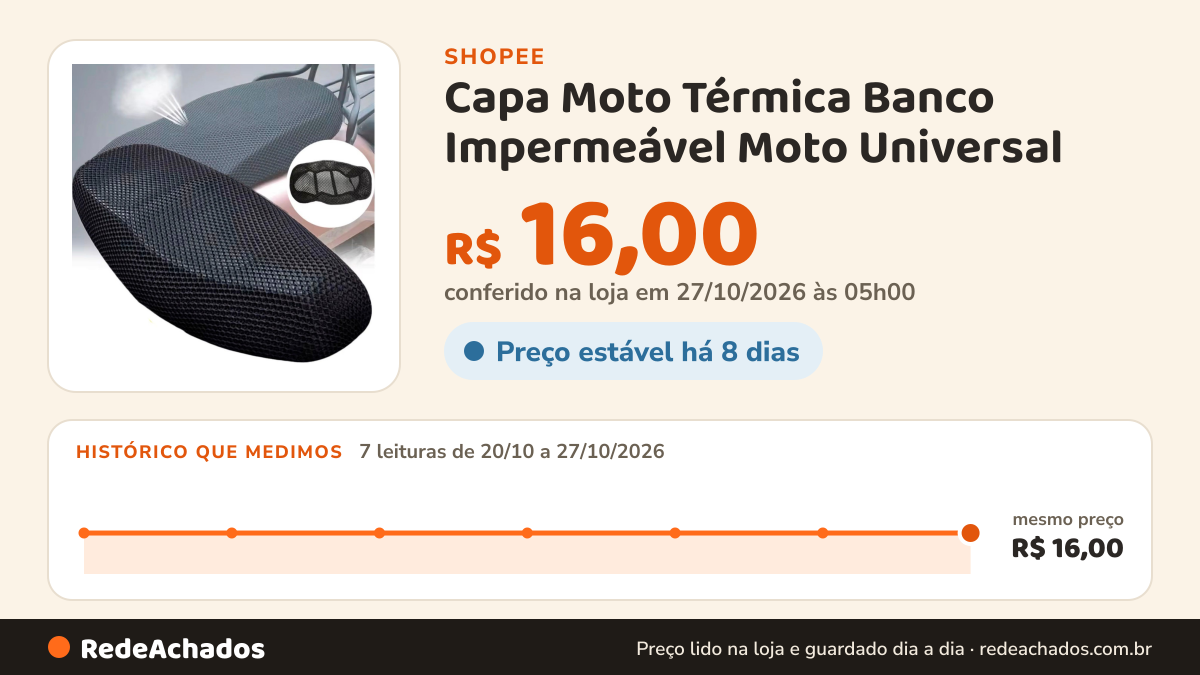 Histórico de preço de Capa Moto Térmica Banco Impermeável Moto Universal - Preta, Macia e Respirável! na Shopee: 7 leituras de 20/10/2026 a 27/10/2026, mesmo preço, R$ 16,00, em todas; R$ 16,00 conferido em 27/10/2026 às 05h00