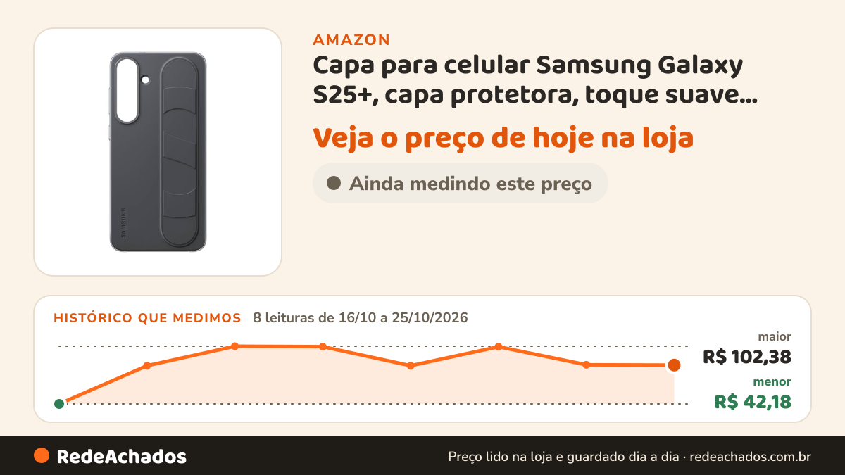 Histórico de preço de Capa para celular Samsung Galaxy S25+, capa protetora, toque suave, suporte, design… na Amazon: 8 leituras de 16/10/2026 a 25/10/2026, menor R$ 42,18, maior R$ 102,38