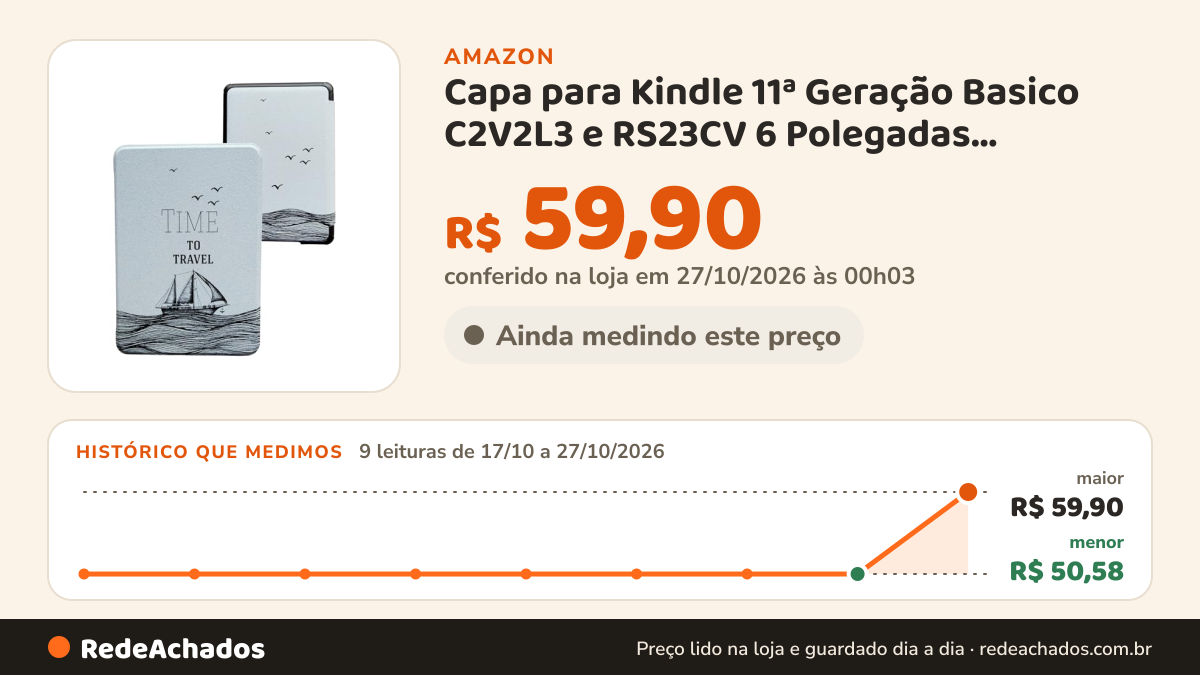 Histórico de preço de Capa para Kindle 11ª Geração Basico C2V2L3 e RS23CV 6 Polegadas, Modelos 2022 e 2024, Não… na Amazon: 9 leituras de 17/10/2026 a 27/10/2026, menor R$ 50,58, maior R$ 59,90; R$ 59,90 conferido em 27/10/2026 às 00h03